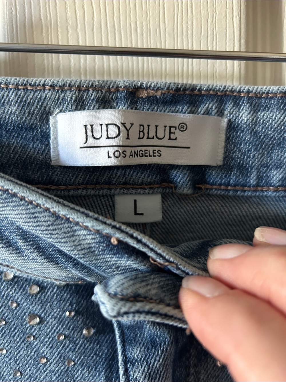 Judy Blue Rhinestone Elle Jean Shorts‎ Sz Large High Rise Cutoff Distressed - Picture 8 of 14